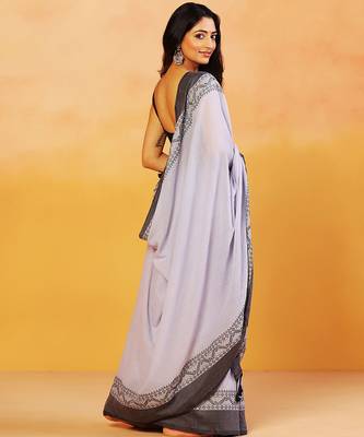 Grey block printed handloom khadi saree 4