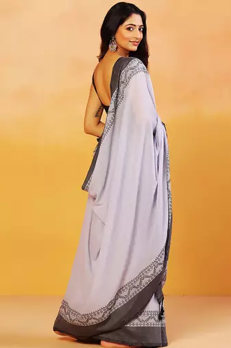 Grey block printed handloom khadi saree