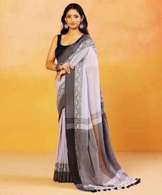 Grey block printed handloom khadi saree 5
