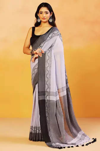 Grey block printed handloom khadi saree