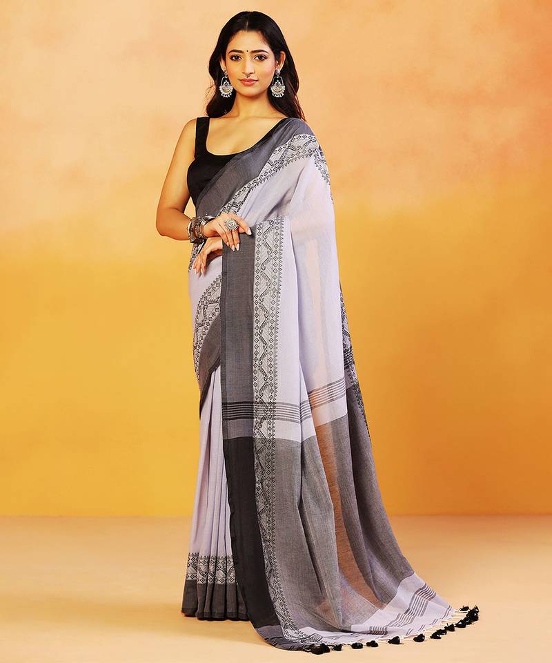 Grey block printed handloom khadi saree