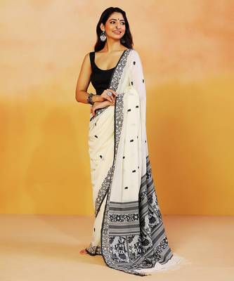 Cream white block printed handloom khadi saree 1
