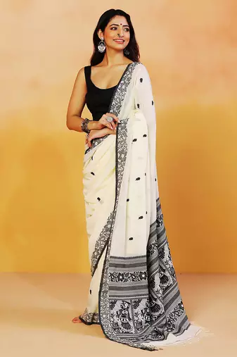 Cream white block printed handloom khadi saree