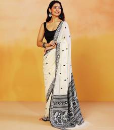Cream white block printed handloom khadi saree