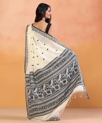 Cream white block printed handloom khadi saree 3