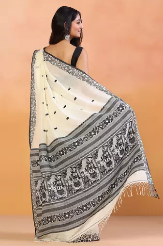 Cream white block printed handloom khadi saree