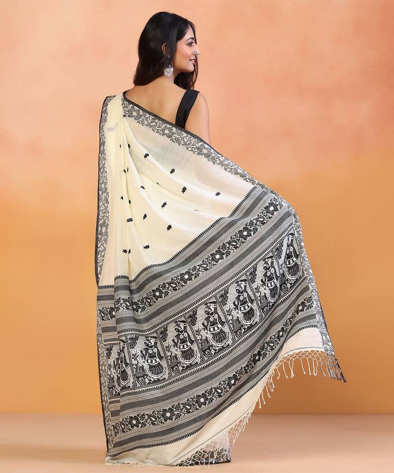 Cream white block printed handloom khadi saree