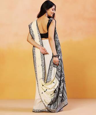 Cream white block printed handloom khadi saree 4