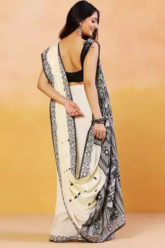 Cream white block printed handloom khadi saree