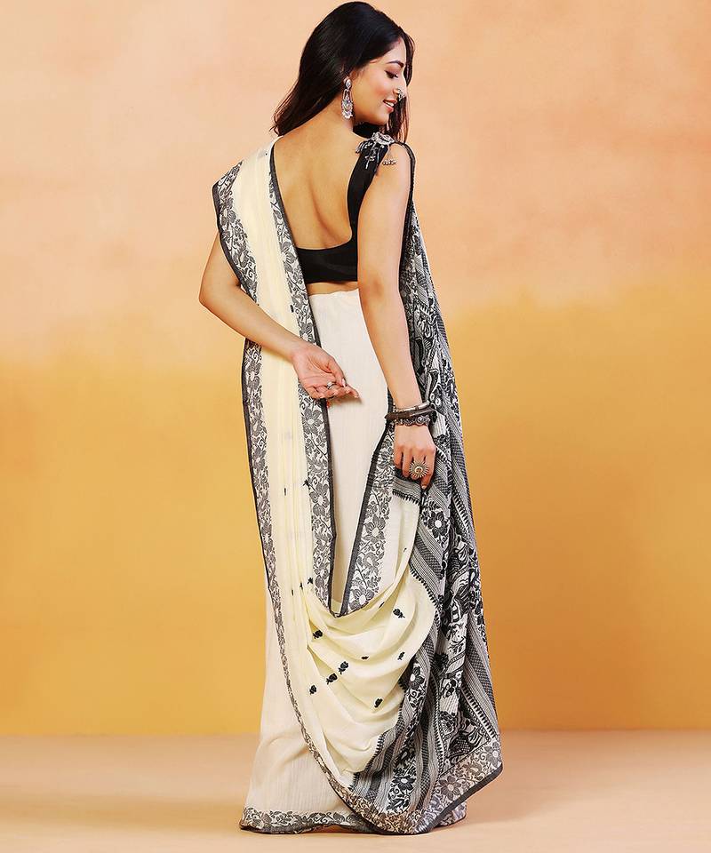 Cream white block printed handloom khadi saree