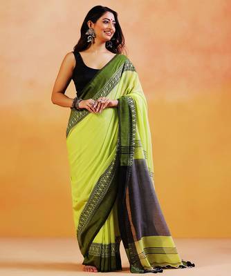 Lime green block printed handloom khadi saree 1