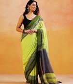 Lime green block printed handloom khadi saree