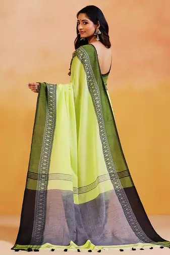 Lime green block printed handloom khadi saree