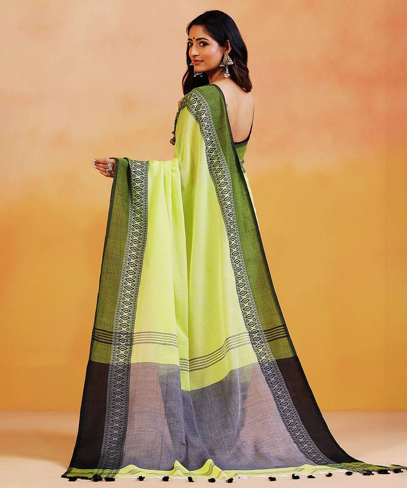 Lime green block printed handloom khadi saree