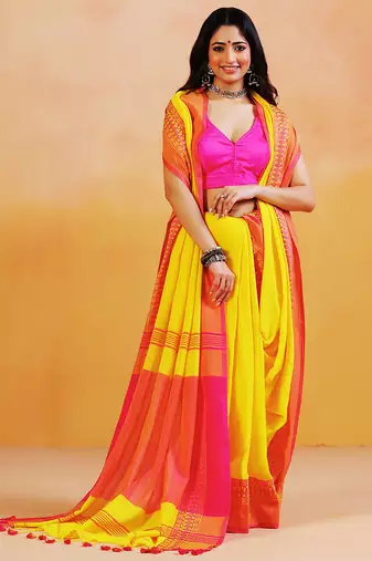 Yellow orange handloom khadi saree