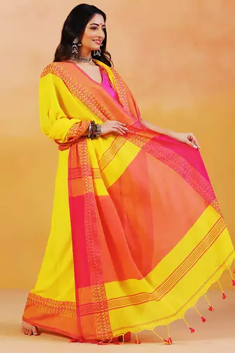 Yellow orange handloom khadi saree