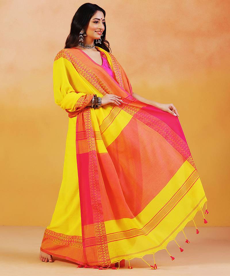 Yellow orange handloom khadi saree