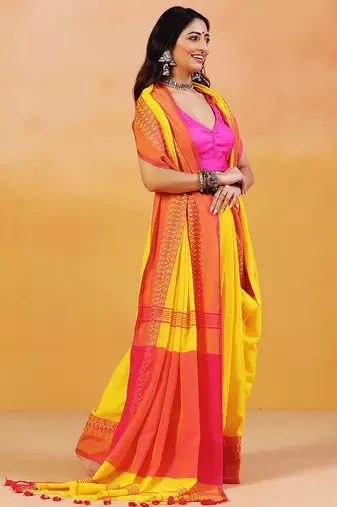 Yellow orange handloom khadi saree