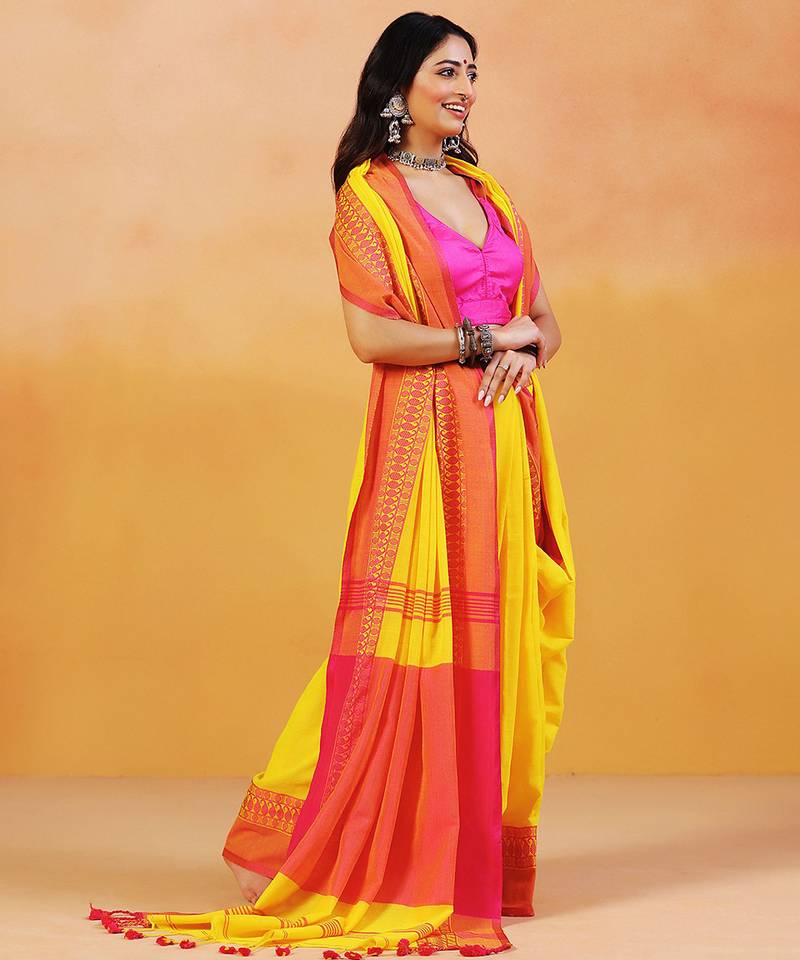 Yellow orange handloom khadi saree