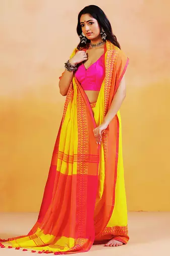 Yellow orange handloom khadi saree