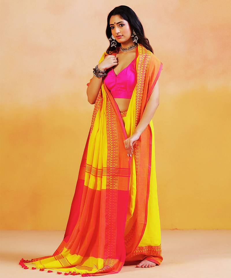 Yellow orange handloom khadi saree