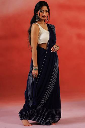 Navy blue stripes handloom khadi saree