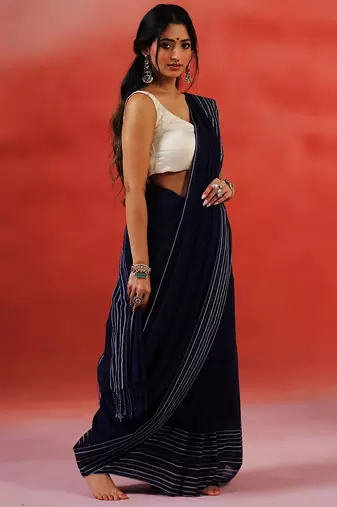 Navy blue stripes handloom khadi saree