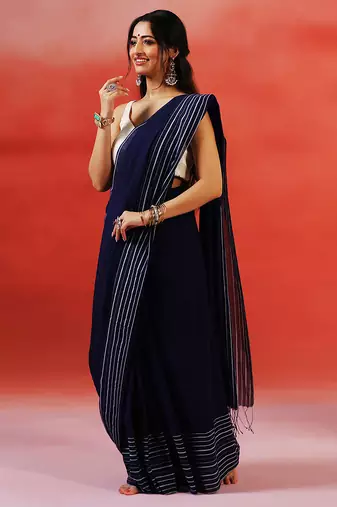 Navy blue stripes handloom khadi saree