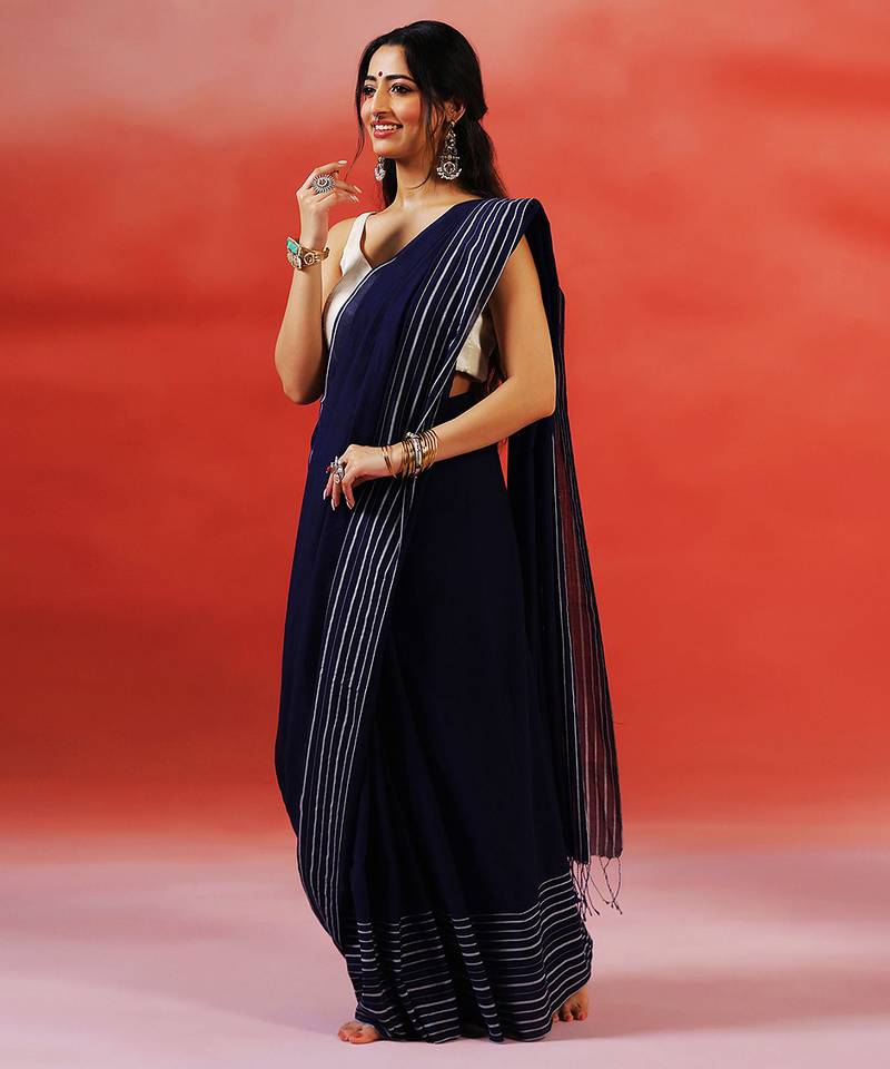 Navy blue stripes handloom khadi saree