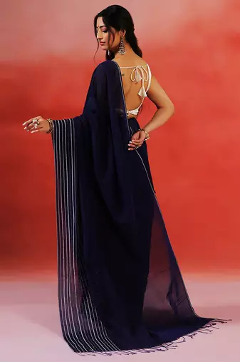 Navy blue stripes handloom khadi saree