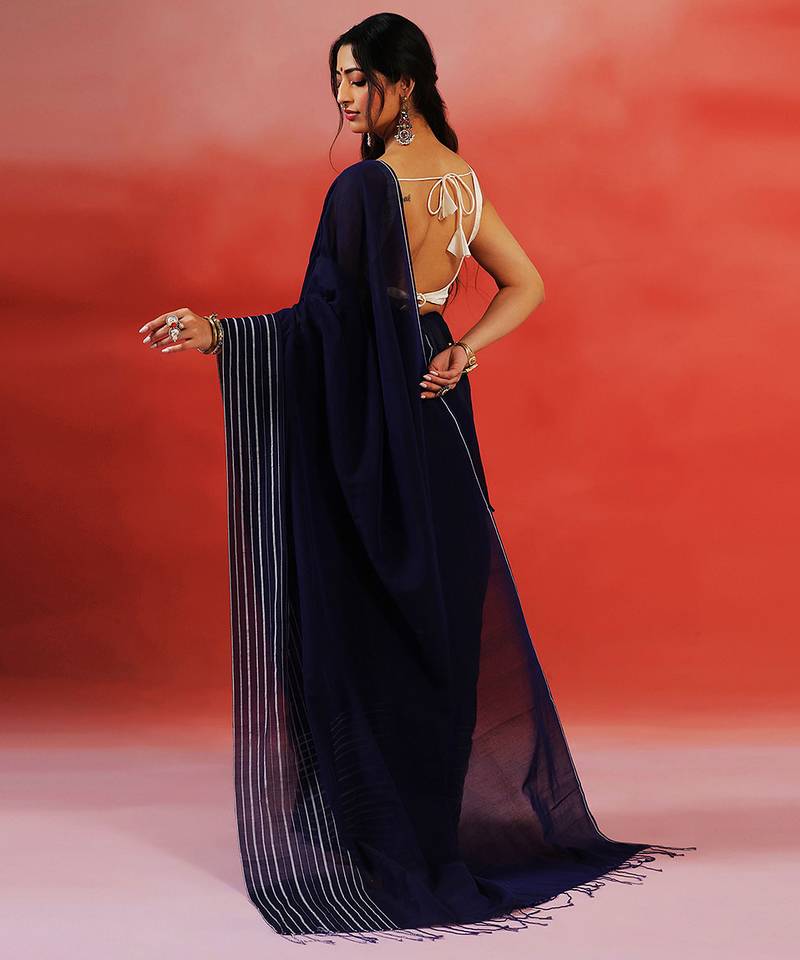 Navy blue stripes handloom khadi saree