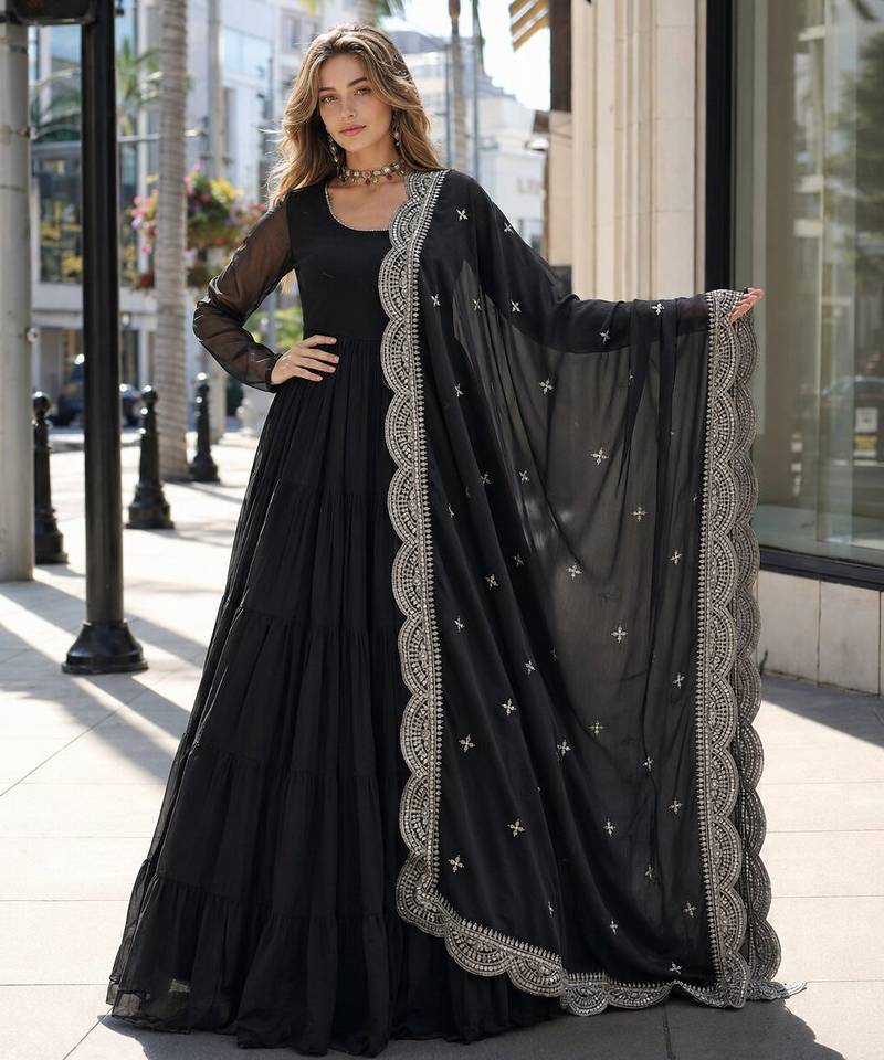 black faux georgette readymade anarkali suit with embroidery & Sequin work