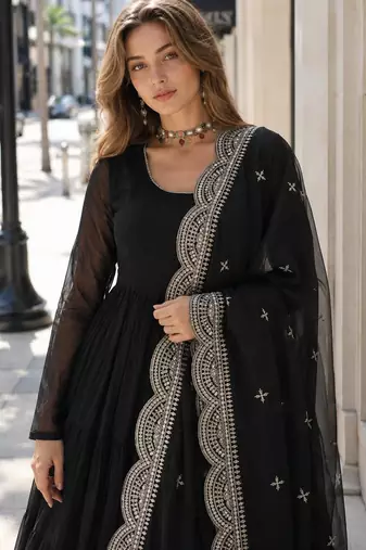 black faux georgette readymade anarkali suit with embroidery & Sequin work