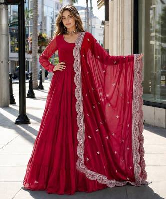 red faux georgette readymade anarkali suit with embroidery & Sequin work 1