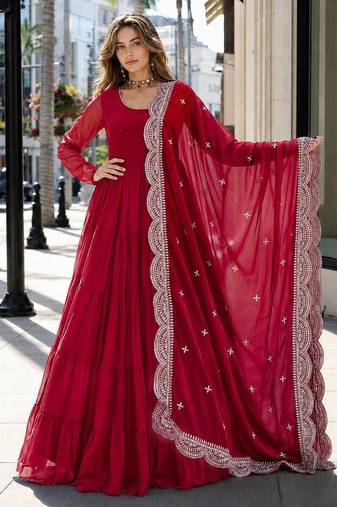 red faux georgette readymade anarkali suit with embroidery & Sequin work