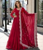 red faux georgette readymade anarkali suit with embroidery & Sequin work