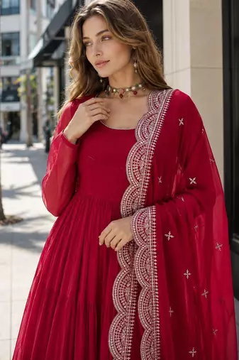 red faux georgette readymade anarkali suit with embroidery & Sequin work