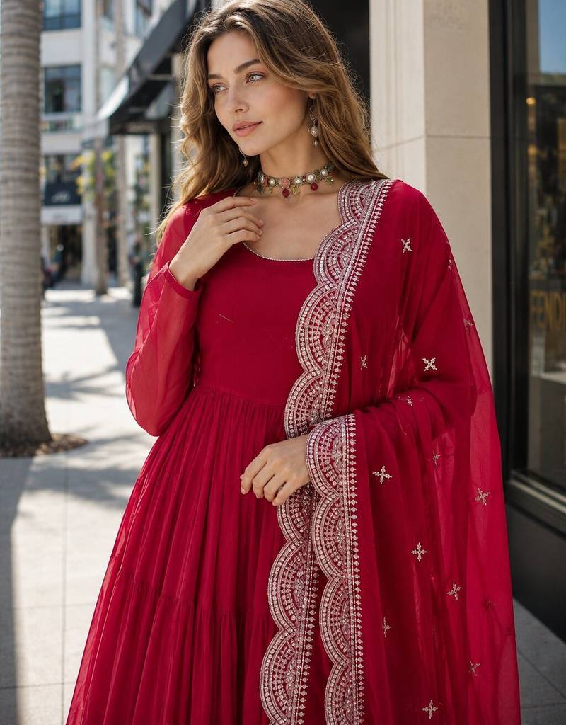 red faux georgette readymade anarkali suit with embroidery & Sequin work