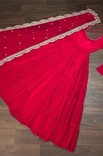 red faux georgette readymade anarkali suit with embroidery & Sequin work