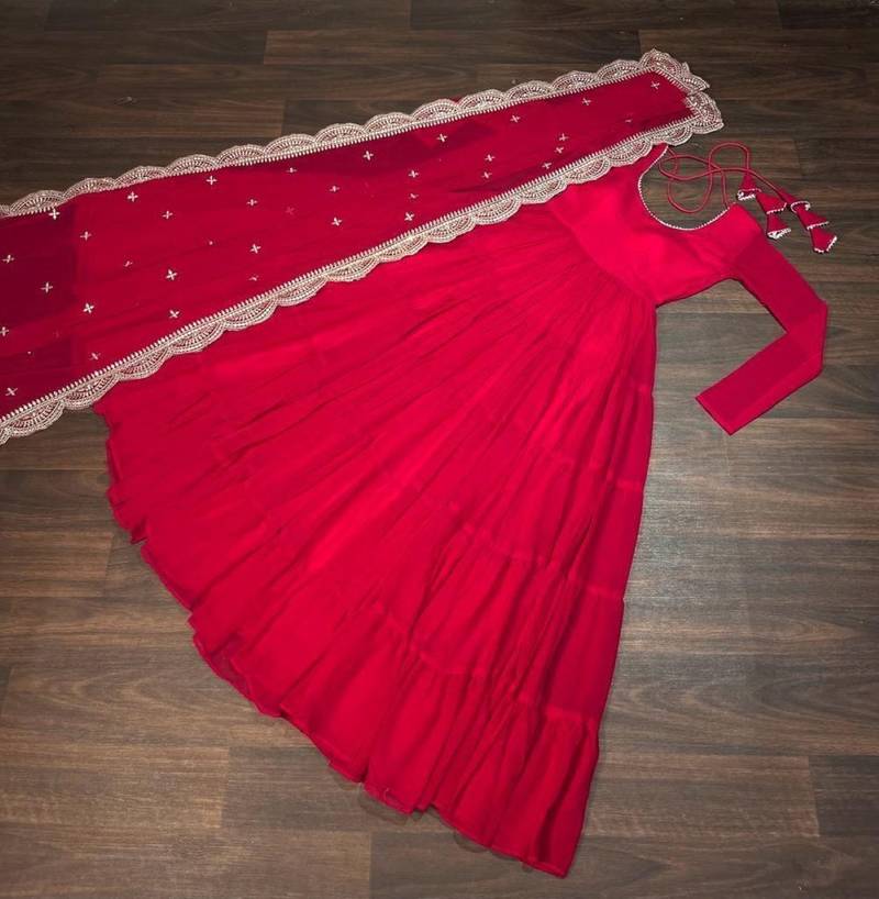 red faux georgette readymade anarkali suit with embroidery & Sequin work