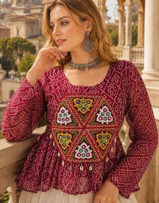 maroon bandhani free size stitched navratri top with kutchi gamthi patch work 1