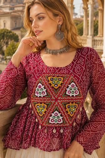 maroon bandhani free size stitched navratri top with kutchi gamthi patch work