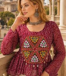 maroon bandhani free size stitched navratri top with kutchi gamthi patch work