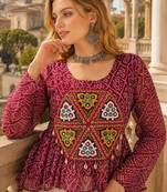 maroon bandhani free size stitched navratri top with kutchi gamthi patch work