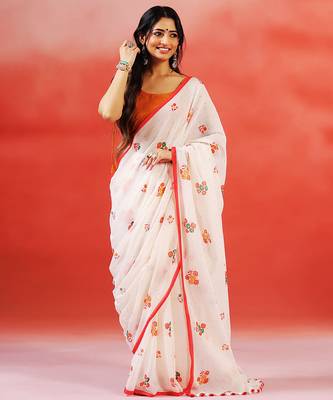 Ivory floral printed handloom khadi saree 1
