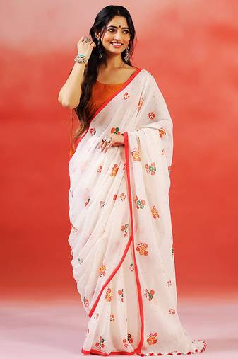Ivory floral printed handloom khadi saree