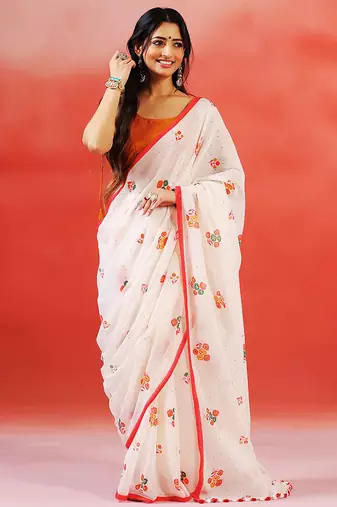 Ivory floral printed handloom khadi saree