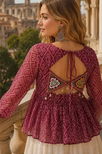 maroon bandhani free size stitched navratri top with kutchi gamthi patch work
