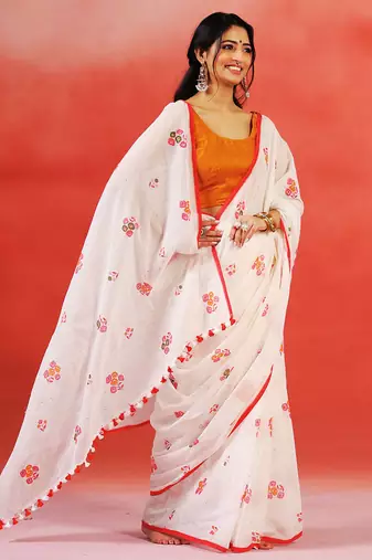 Ivory floral printed handloom khadi saree