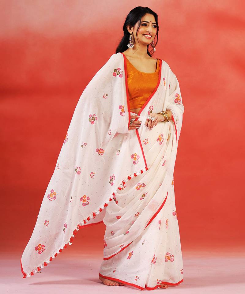 Ivory floral printed handloom khadi saree